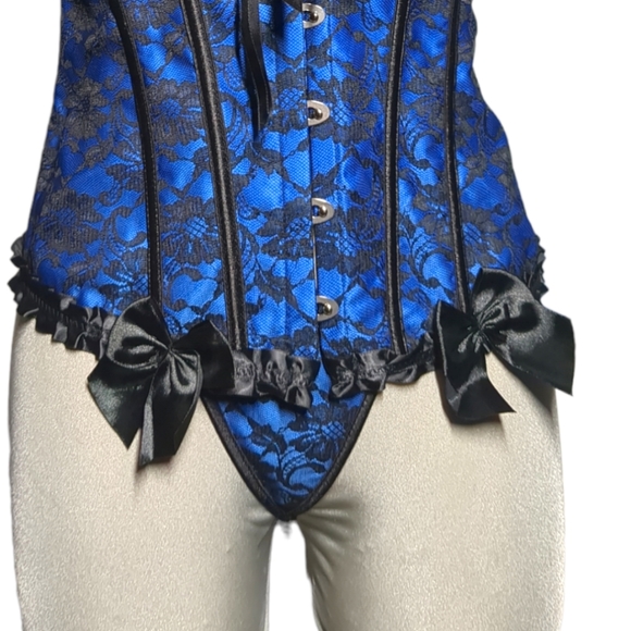* NEW-* Blue and Black Satin and Lace Corset Set Size L - Picture 7 of 16